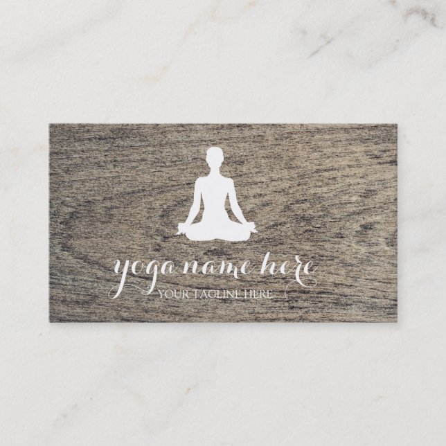 Wooden Background Elegant Meditation Om Logo Yoga Business Card (Front)
