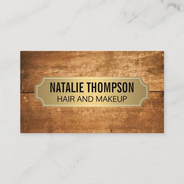 Wooden Background Gold Metallic Frame Business Card (Front)