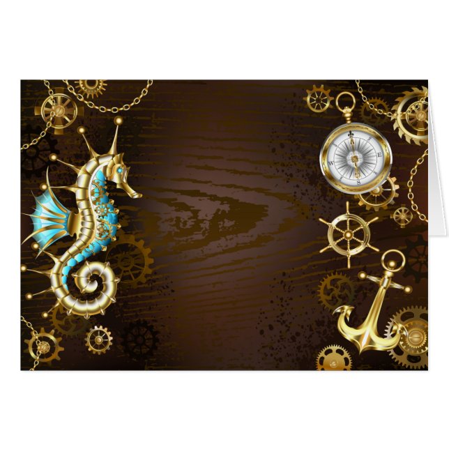 Wooden Background with Mechanical Seahorse (Front Horizontal)