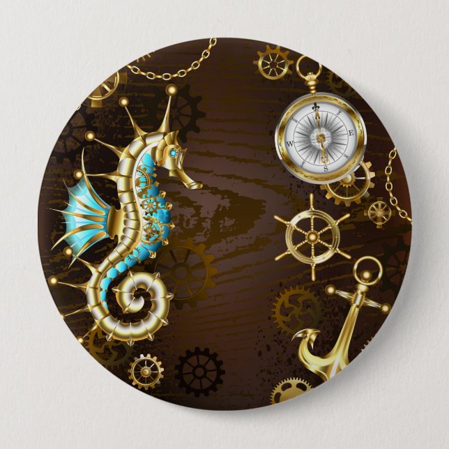 Wooden Background with Mechanical Seahorse 10 Cm Round Badge (Front)