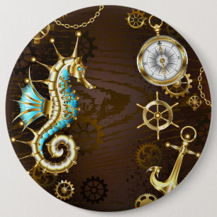 Wooden Background with Mechanical Seahorse 6 Cm Round Badge