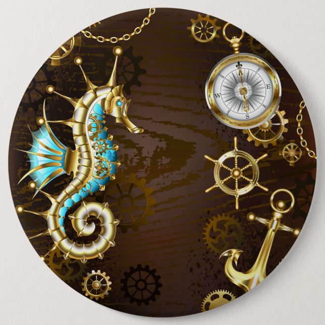 Wooden Background with Mechanical Seahorse 6 Cm Round Badge (Front)
