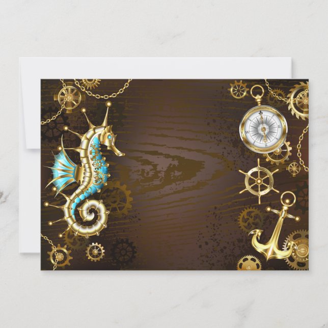 Wooden Background with Mechanical Seahorse Announcement (Front)