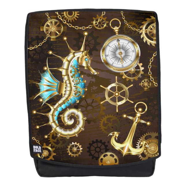 Wooden Background with Mechanical Seahorse Backpack (Front)