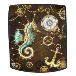 Wooden Background with Mechanical Seahorse Backpack