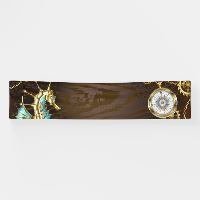 Wooden Background with Mechanical Seahorse Banner (Horizontal)