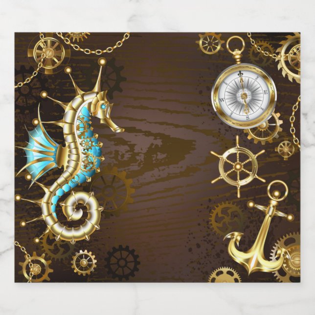 Wooden Background with Mechanical Seahorse Beer Bottle Label (Single Label)
