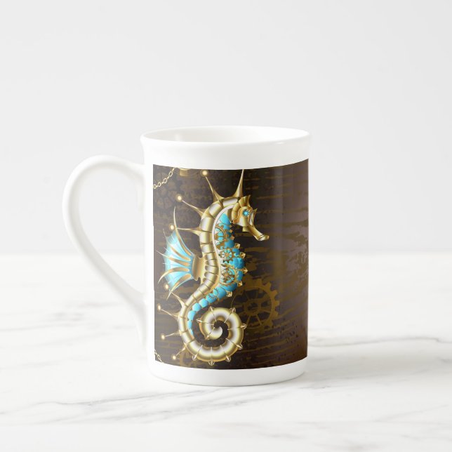 Wooden Background with Mechanical Seahorse Bone China Mug (Left)