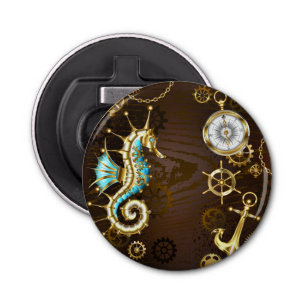 Wooden Background with Mechanical Seahorse Bottle Opener