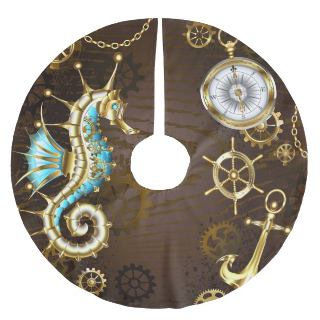 Wooden Background with Mechanical Seahorse Brushed Polyester Tree Skirt (Front)