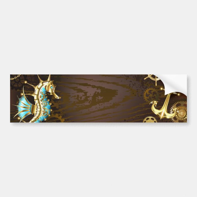 Wooden Background with Mechanical Seahorse Bumper Sticker (Front)