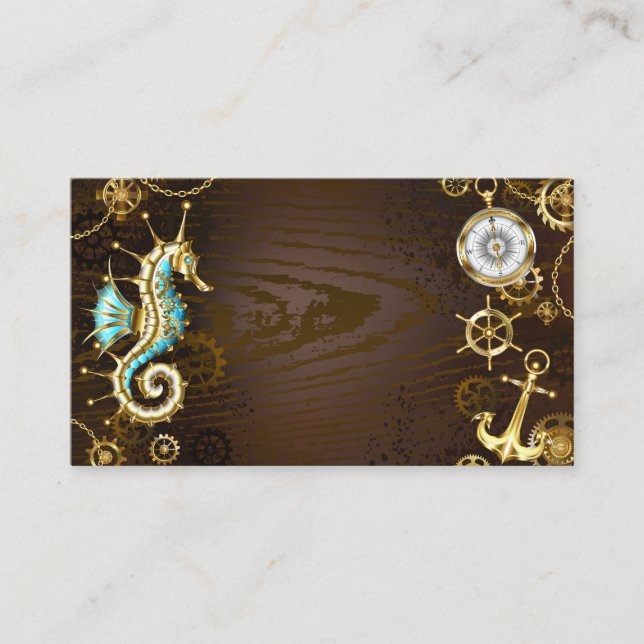 Wooden Background with Mechanical Seahorse Business Card (Front)