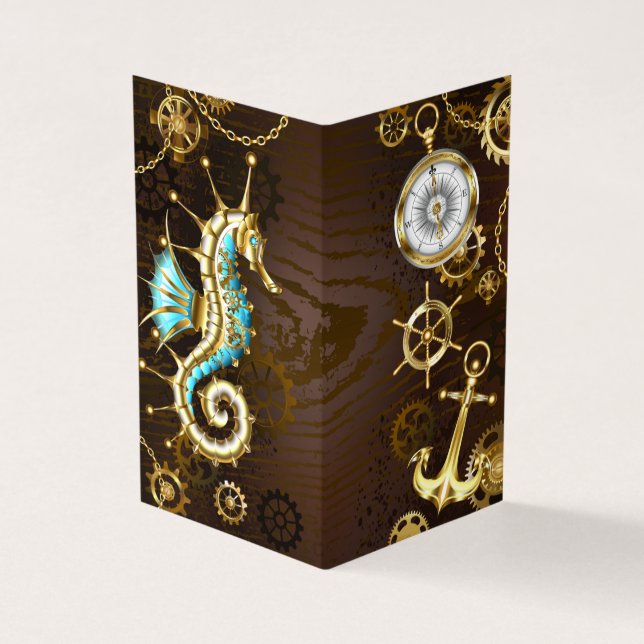 Wooden Background with Mechanical Seahorse Business Card (Outside)