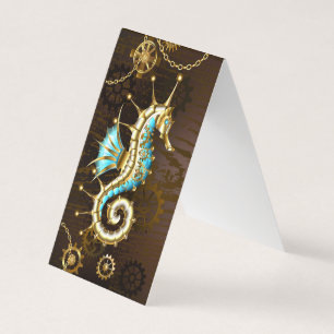 Wooden Background with Mechanical Seahorse Business Card
