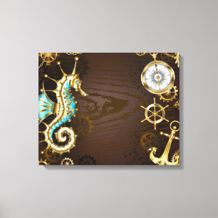 Wooden Background with Mechanical Seahorse Canvas Print