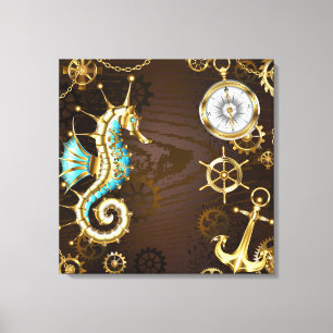 Wooden Background with Mechanical Seahorse Canvas Print