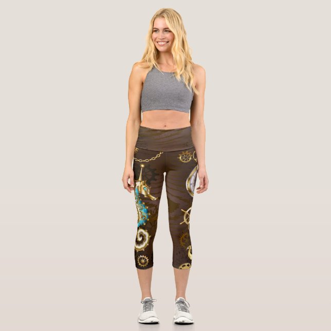 Wooden Background with Mechanical Seahorse Capri Leggings (Front)