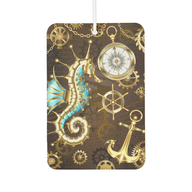 Wooden Background with Mechanical Seahorse Car Air Freshener (Front)