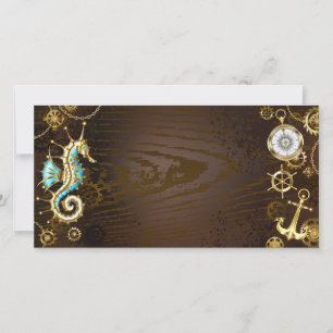 Wooden Background with Mechanical Seahorse Card