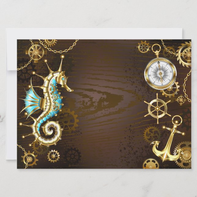 Wooden Background with Mechanical Seahorse Card (Front)