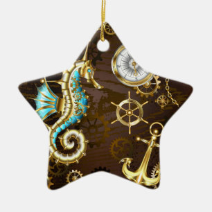 Wooden Background with Mechanical Seahorse Ceramic Tree Decoration