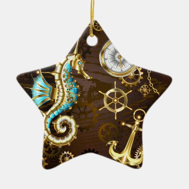 Wooden Background with Mechanical Seahorse Ceramic Tree Decoration (Front)