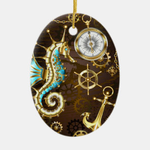 Wooden Background with Mechanical Seahorse Ceramic Tree Decoration