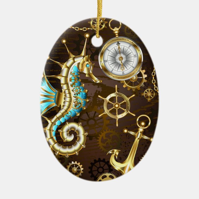 Wooden Background with Mechanical Seahorse Ceramic Tree Decoration (Front)