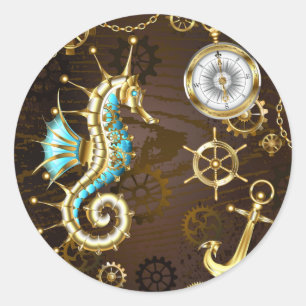 Wooden Background with Mechanical Seahorse Classic Round Sticker