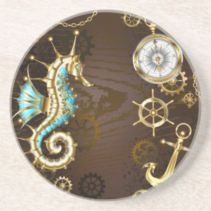 Wooden Background with Mechanical Seahorse Coaster