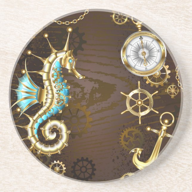 Wooden Background with Mechanical Seahorse Coaster (Front)