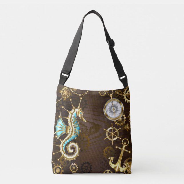 Wooden Background with Mechanical Seahorse Crossbody Bag (Front)