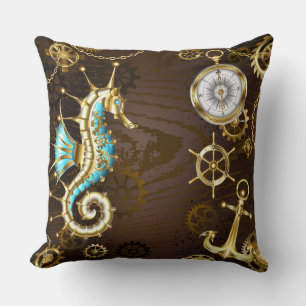 Wooden Background with Mechanical Seahorse Cushion