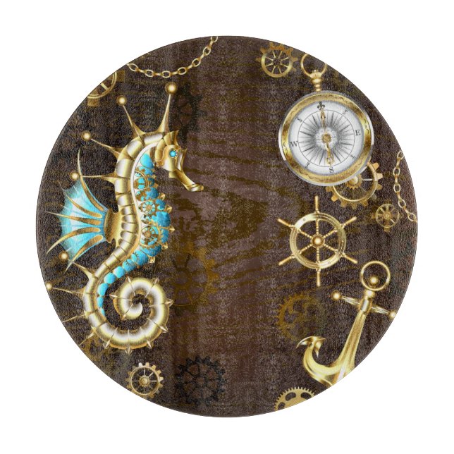 Wooden Background with Mechanical Seahorse Cutting Board (Front)
