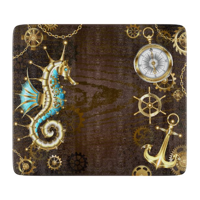 Wooden Background with Mechanical Seahorse Cutting Board (Front)