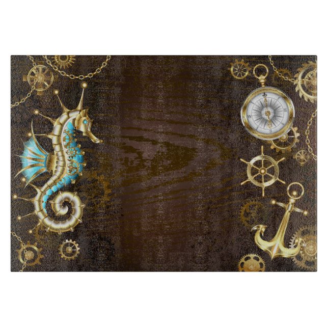 Wooden Background with Mechanical Seahorse Cutting Board (Front)
