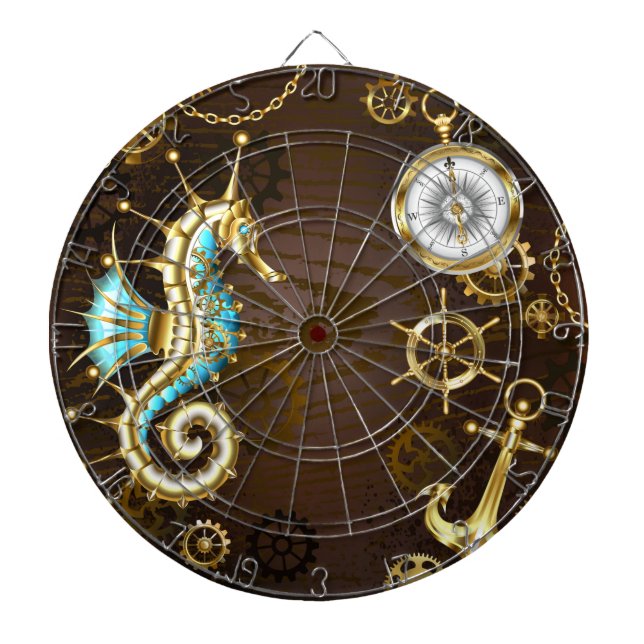 Wooden Background with Mechanical Seahorse Dartboard (Front)