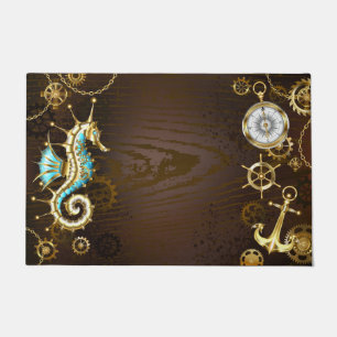 Wooden Background with Mechanical Seahorse Doormat