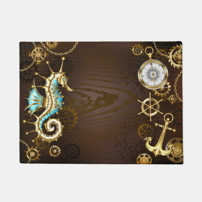 Wooden Background with Mechanical Seahorse Doormat (Front)