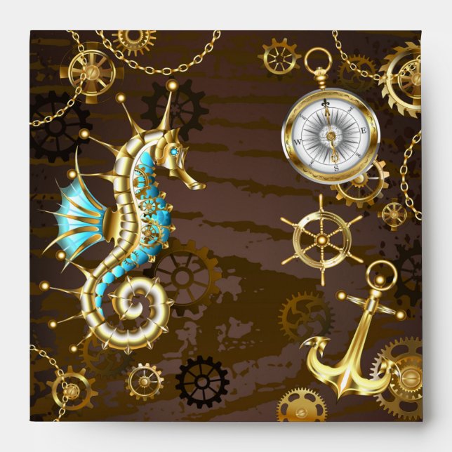Wooden Background with Mechanical Seahorse Envelope (Front)