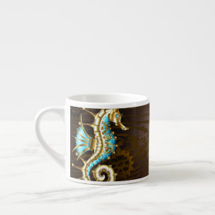 Wooden Background with Mechanical Seahorse Espresso Cup
