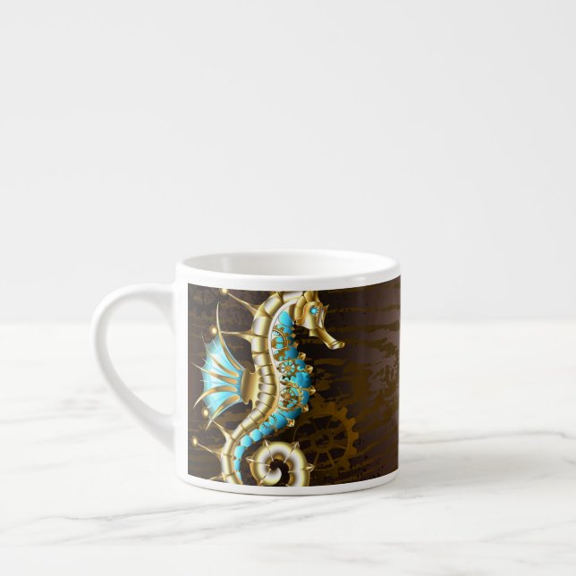 Wooden Background with Mechanical Seahorse Espresso Cup (Left)
