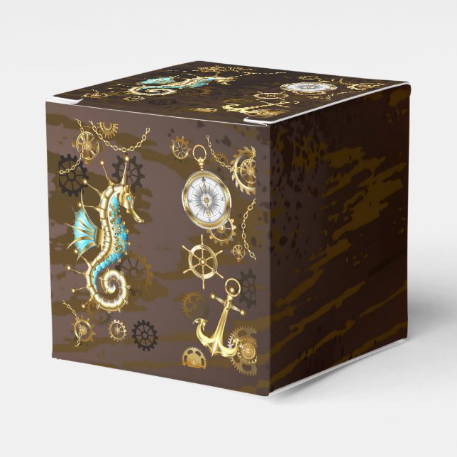 Wooden Background with Mechanical Seahorse Favour Box (Front Side)