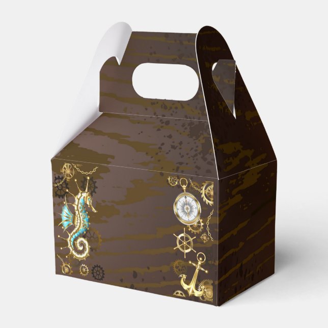 Wooden Background with Mechanical Seahorse Favour Box (Front Side)