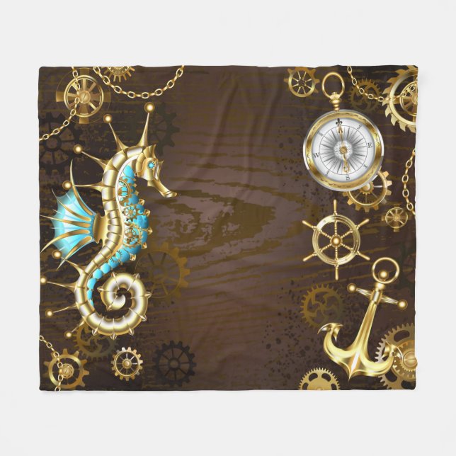 Wooden Background with Mechanical Seahorse Fleece Blanket (Front (Horizontal))