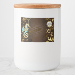 Wooden Background with Mechanical Seahorse Food Label