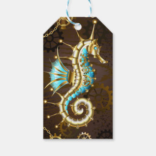 Wooden Background with Mechanical Seahorse Gift Tags