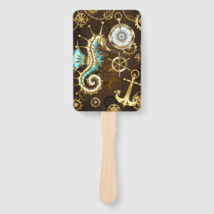 Wooden Background with Mechanical Seahorse Hand Fan