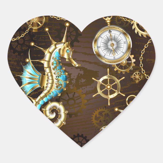 Wooden Background with Mechanical Seahorse Heart Sticker (Front)