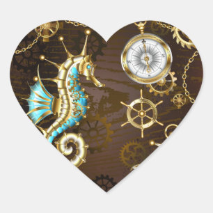 Wooden Background with Mechanical Seahorse Heart Sticker
